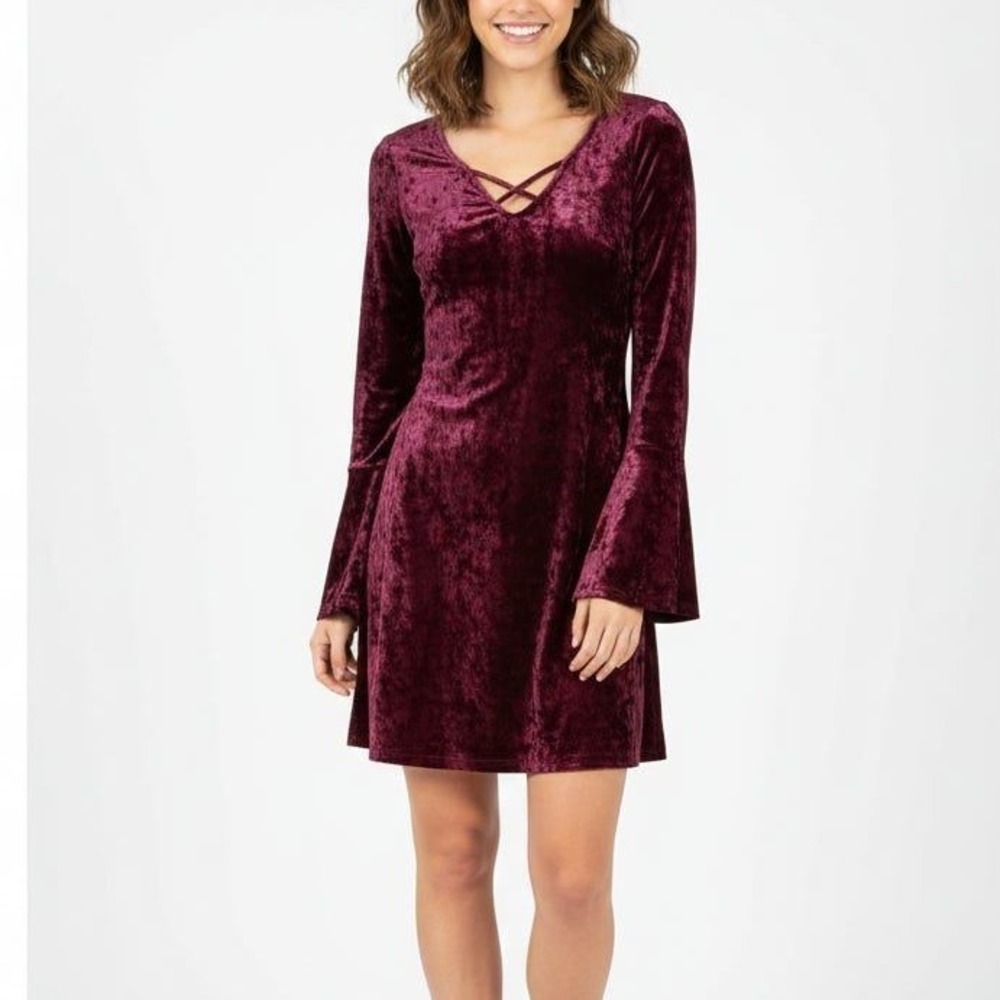 Hollister‎ Dress Size XS Velvet Crushed Bell Sleeve V Neck Burgundy Juniors